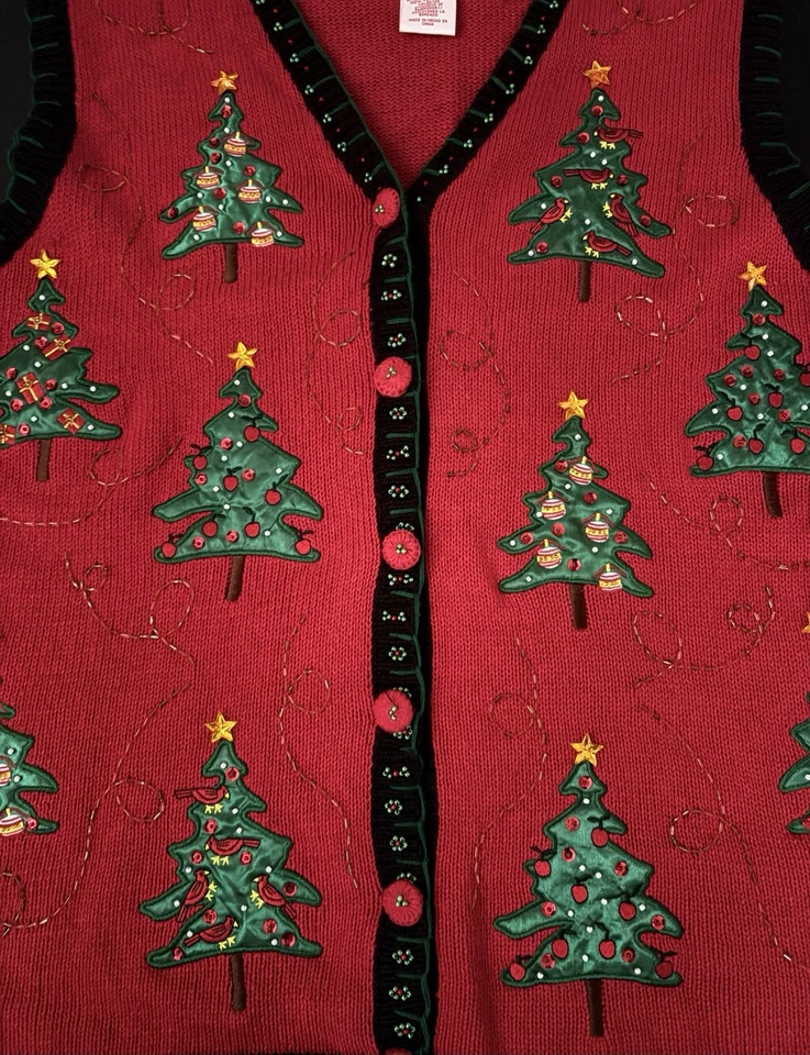 Basic Editions Christmas/Holiday Button Front Vest Size 1X Red Christmas Tree - Image 2 of 4