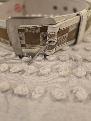 VTG Pepe Jeans London Logo Belt Tan and White Checker Silver Buckle Size M
