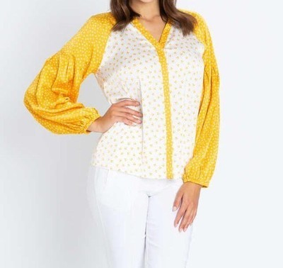 Gr.42 Bluse Gelb Damen Bluse mit Bischofsärmeln Kontrast-Design ocker Die Bluse