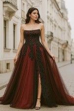 Gothic Black and Red Wedding Dresses Strapless A Line Vintage Bridal Gowns