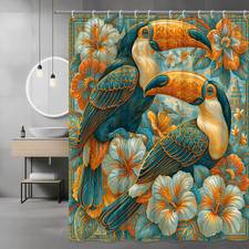 Tropical Toucan Floral Shower Curtain Orange Teal Bird Print