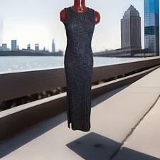 ST STUDIO MAXI LONG DRESS BLUE MARL RIBBED LADDER STRUCTURE -Sz XS - SIDE VENTS