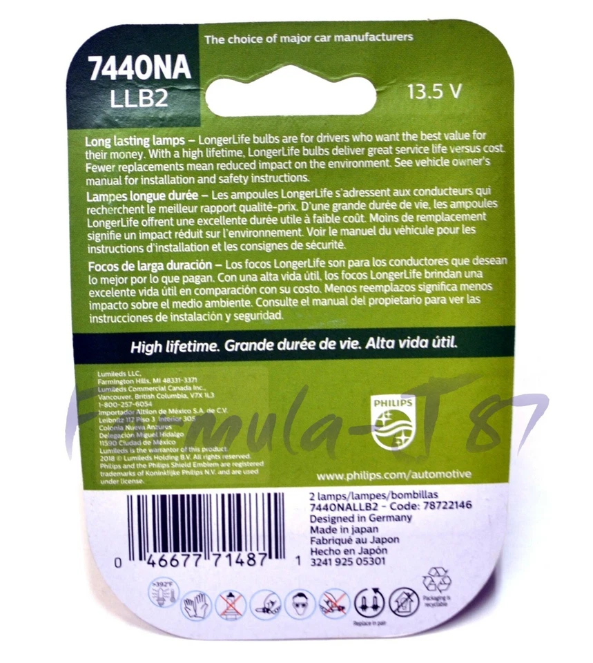 Philips LongerLife 7440NA 25W Dos Bombillas Luz Señal de Giro Trasera Reemplazar Stock Fit Foto 2 de 4