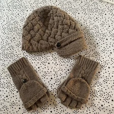 Winter Warm Khaki Hat and convertible gloves with Mitten Cover