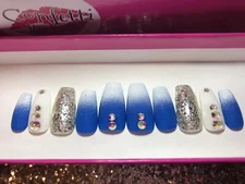 Blue Winter Snow Tip Press On Nails - Fake Fingernails - White Ombre, Silver