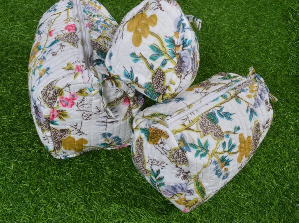 3 Piece Indian Floral Printed Cotton Quilted Toiletry Purse Cosmetic Storage Bag