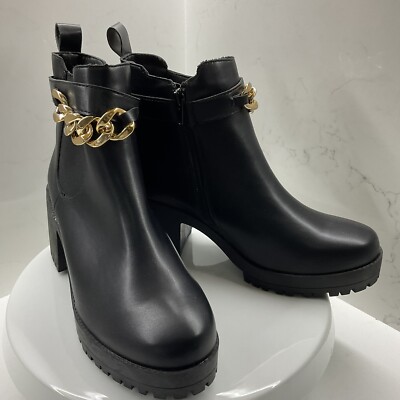 Chunky 3” Heeled Chelsea Boots with gold chain detail size 39
