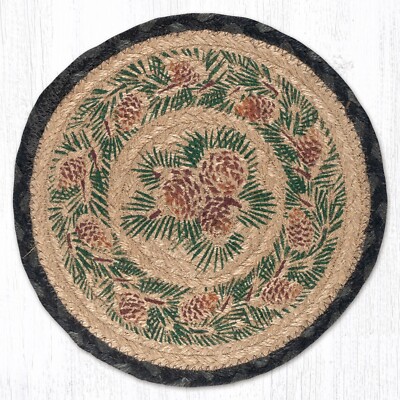 Small Pine Cones 10'' Round Trivet Earth Rugs, Braided Jute, Cabin, Table Mat