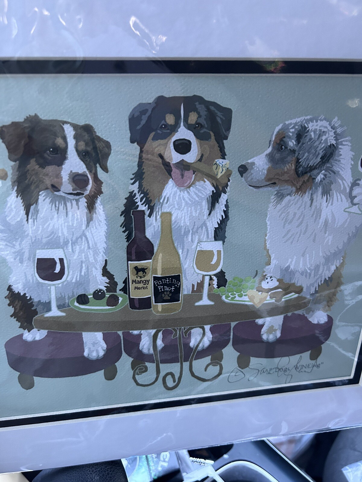 Sara England Australian Shepherd - Dogs Wineing Matted, Signed 11x14 w/ 8x10 Art