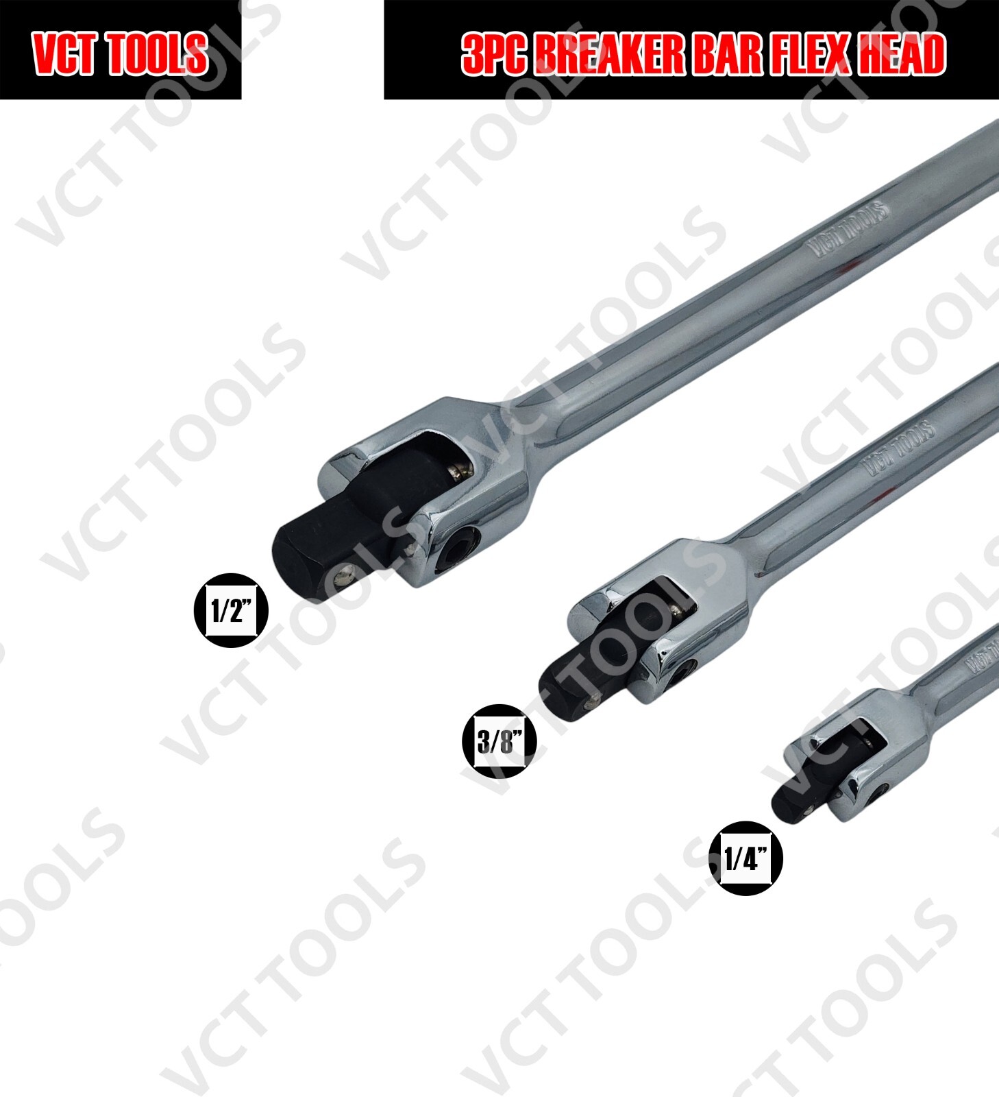 3pc Breaker Bar Set 1/4' 3/8'' 1/2'' Dr Breaker Bars 6" 10" 15" Length