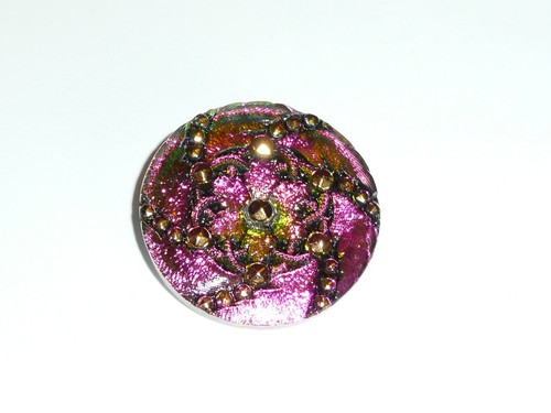 Pretty Hurricane Czech Glass Shank Button 32mm Peach Green w/Black & Gold Accent - Picture 8 of 8