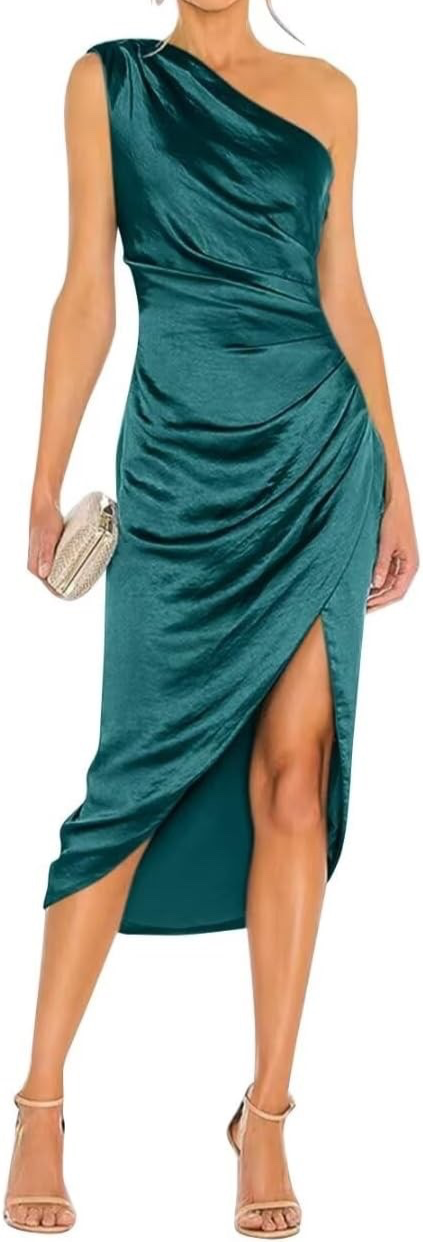 NWT Dress Forum dark green ruched one shoulder midi cocktail dress, size S