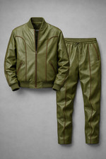 Men’s Leather Tracksuit Set Olive Green – Bomber Jacket & Joggers – Custom Made