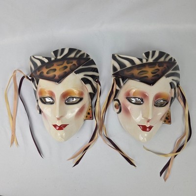 Two VTG 1987 About Face Clay Art San Francisco Ceramic Wall Masks Hand Painted