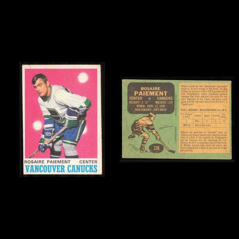 Rosaire Paiement Rookie #226 1970 O-Pee-Chee Vancouver Canucks Hockey Card NHL - Image 3 of 3