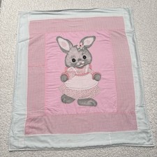 Vintage Pink Bunny Baby Crib Security Blanket Comforter Cute Gingham Kitsch Cute