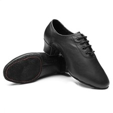 Men Latin Tango Salsa Dance Shoes Black Ballroom Heeled Leather Indoor For Adult
