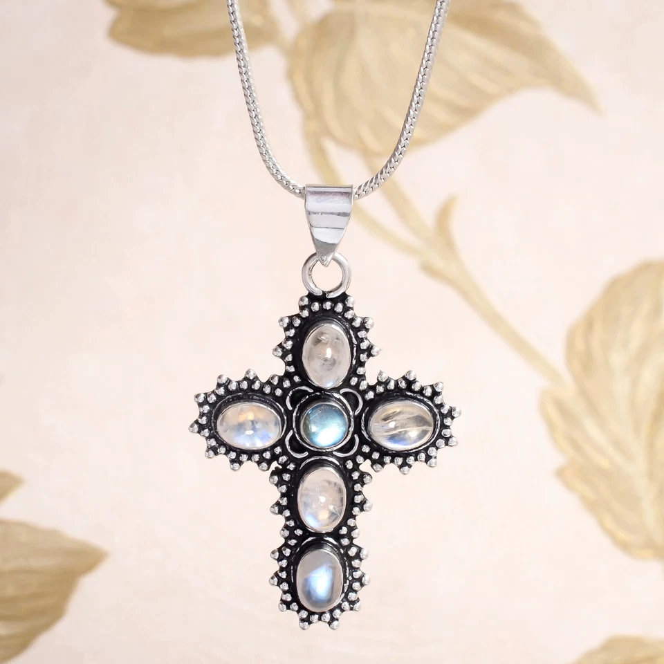 Colgante de plata de ley 925 con cruz de piedras preciosas y piedras preciosas de labradorita arco iris Foto 4 de 4