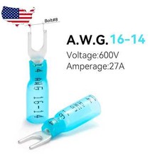  50 Blue Heat Shrink 14-16 AWG Spade Fork Wire Connector Terminal 8 Stud USA