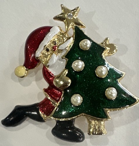 Vintage Steinmetz SFJ Weihnachtsbrosche Santa Weihnachtsbaum goldfarbene Emaille 1,75"