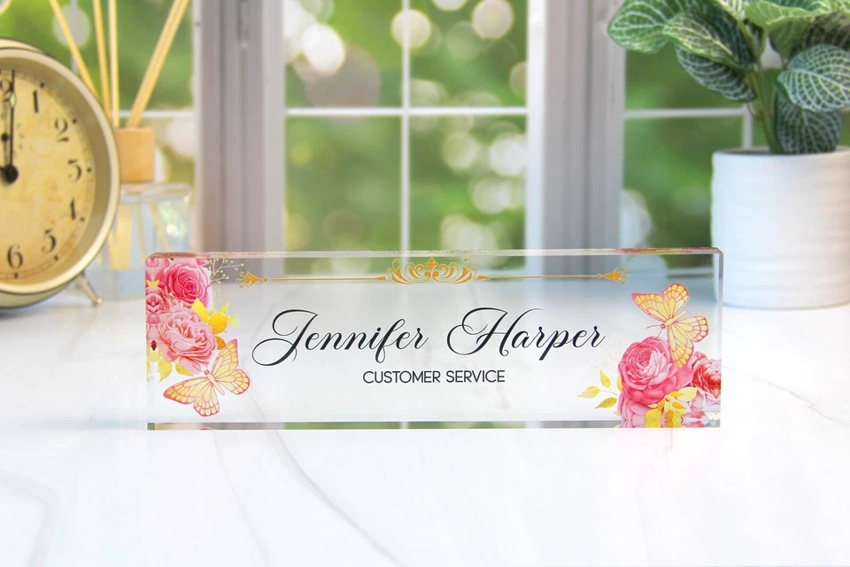 Personalized Clear Acrylic Name Plate Plaque for Desk Flower Butterfly CAB09FW - Image 3 of 4