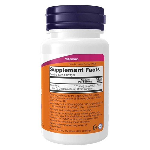 NOW FOODS Vitamin D-3 5000 IU 30 Softgels, Bone & Immune Health, Teeth, Muscle - Picture 3 of 8