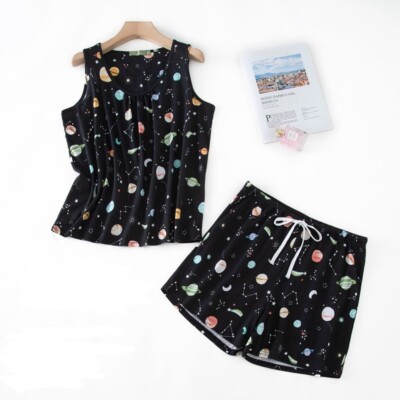 Womens Cotton Pajama Set Sleeveless Bottom Shorts Sleepwear Soft Nightwear Top 