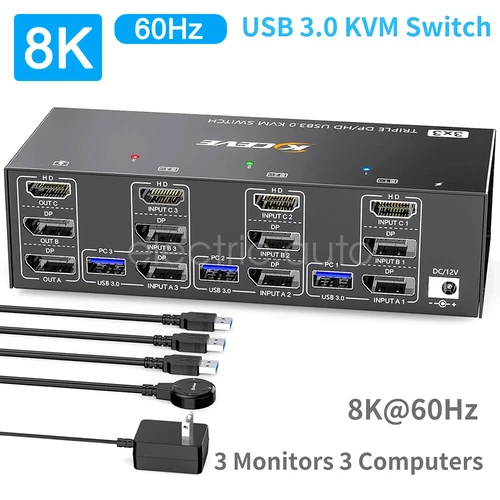 8K 60Hz KVM HDMI Switch 4 USB 3.0 Port 3 Monitors 3 Computers 2 Displayport
