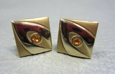 Mid Century Modern Amber Colored Stone Yellow Gold Plated Cuff Links 