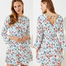 Loft NWT Soft Blue Floral Bell Sleeve Tie Back Mini Dress Women’s Size 6