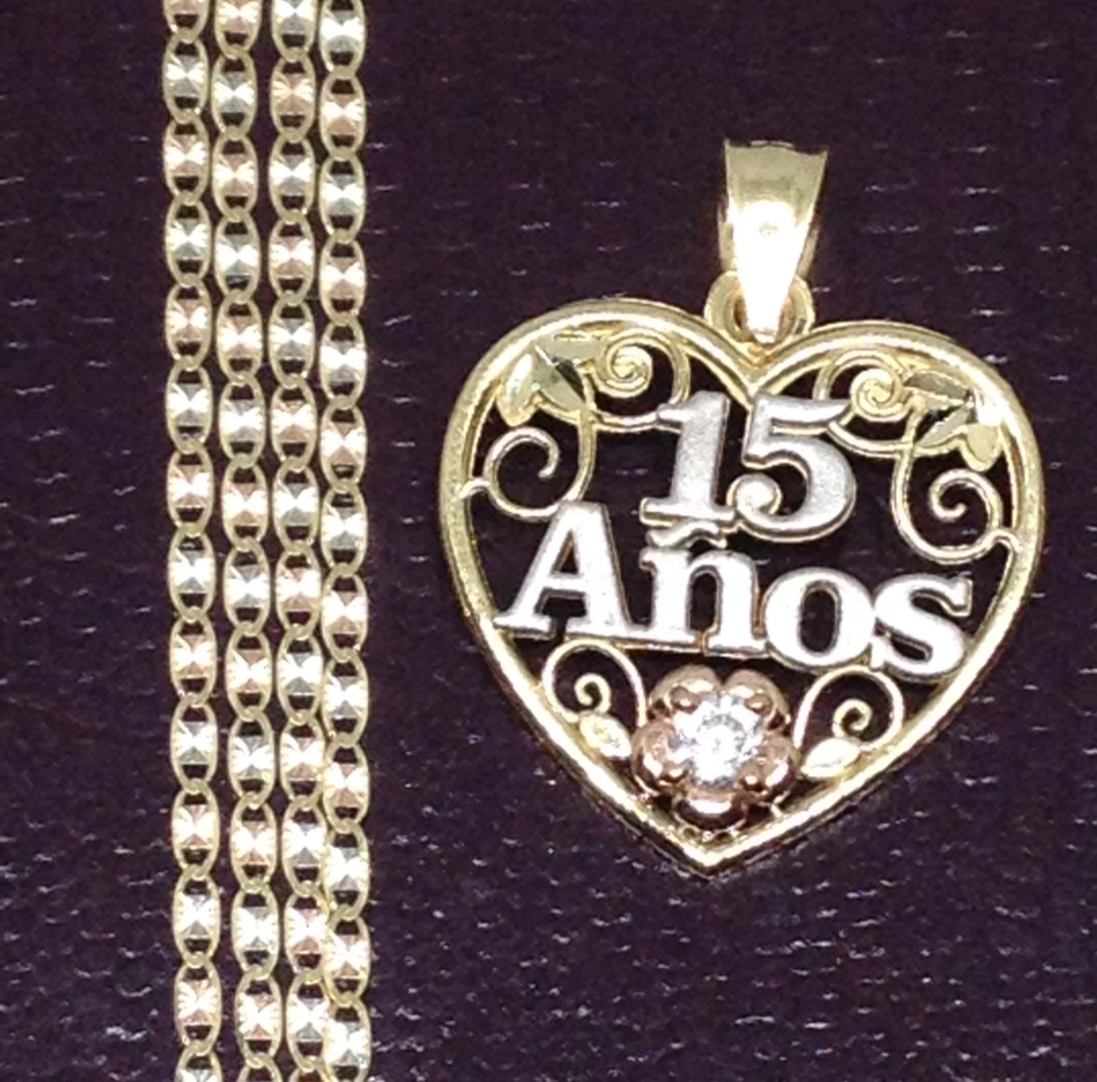 Ciondolo vero oro giallo rosa bianco 14 kt zirconi 15 MIS ANOS catena Valentino 18"