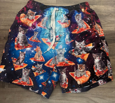 Galaxy Space Cat On Pizza Blue Swim Trunks Board Shorts - Size 18