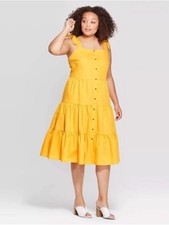 Yellow Tiered Button-Front Sundress bow tiered summer vacation resort dress SZL