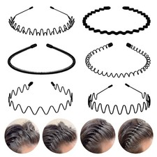 6-Piece Metal Hair Bands &ndash; Spring Wavy Hoop, Unisex Black Headband, Slicked Back
