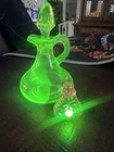 2 VTG 1930s Anchor Hocking Depression Green Uranium Glass Cruet & Perfume Bottle