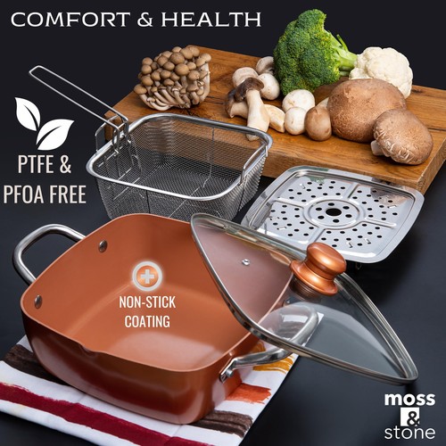 6 Pcs Copper Chef Cookware Non Stick Deep Frying Pan 9.5" x 3.5", Fry Basket,... - Picture 3 of 9