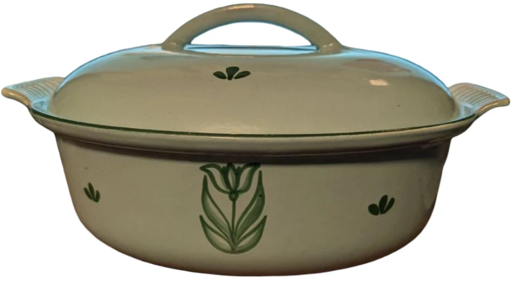 Vintage Dru Holland #32 Tulip Oval Enamel Cast Iron Dutch Oven Roaster Casserole