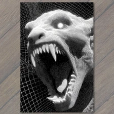 POSTCARD Screaming Monster Wireframe Horror Glitch Teeth Fangs 3D Grid Eyes Blac