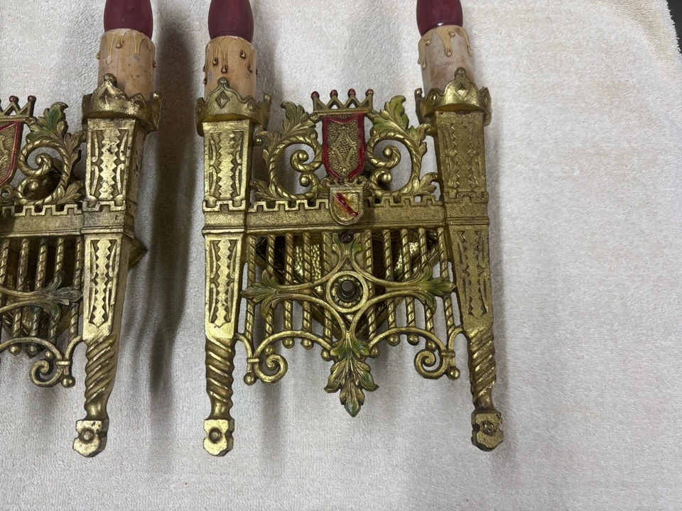 spanish revival Wall Sconces Pair Brass Antique - Image 3 of 4
