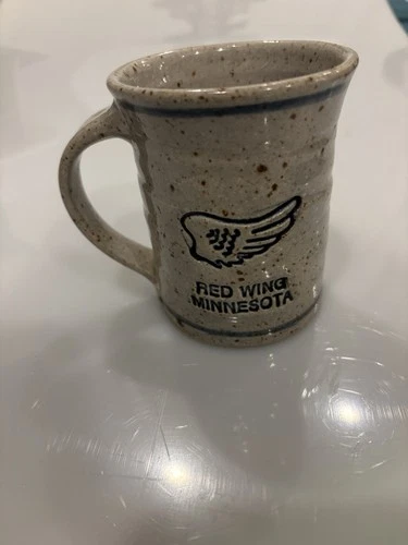 Red Wing Minnesota Stoneware Pottery Coffee Mug Blue Logo signed JB