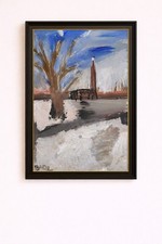 Distant Church in the Snow Original Abstract Winter Landscape Painting