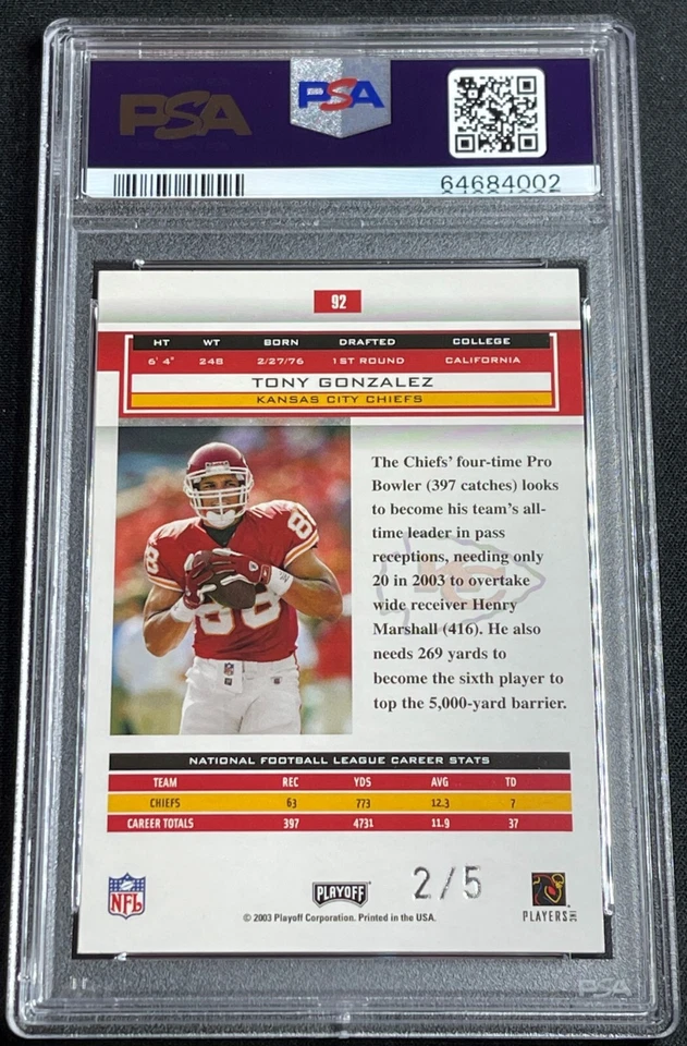 2003 Playoff Honors Condado de Orange Grabado Tony González/5 #92 PSA 8 Calificado Foto 2 de 3