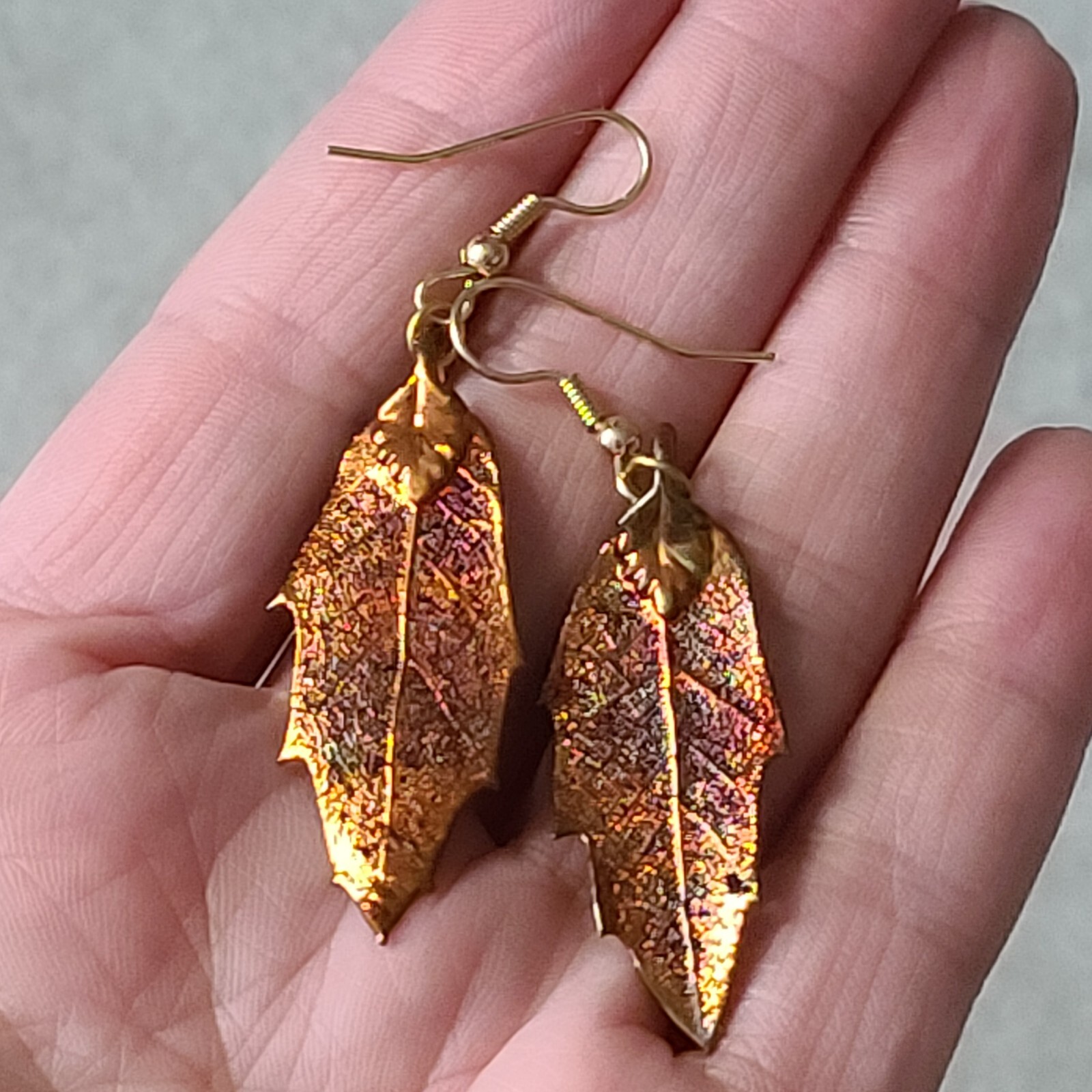 Real Skeleton Leaf Dangle Hook Earrings Gold over… - image 2