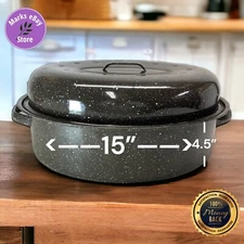 Vintage Black Speckled Enamel Large Roasting Pan w/Lid 15" x 4.5"