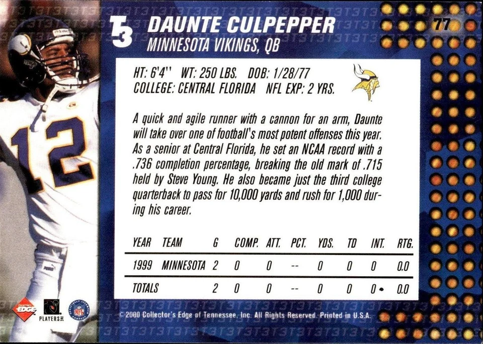 2000 Collector's Edge T3 #77 Daunte Culpepper - Image 2 of 2