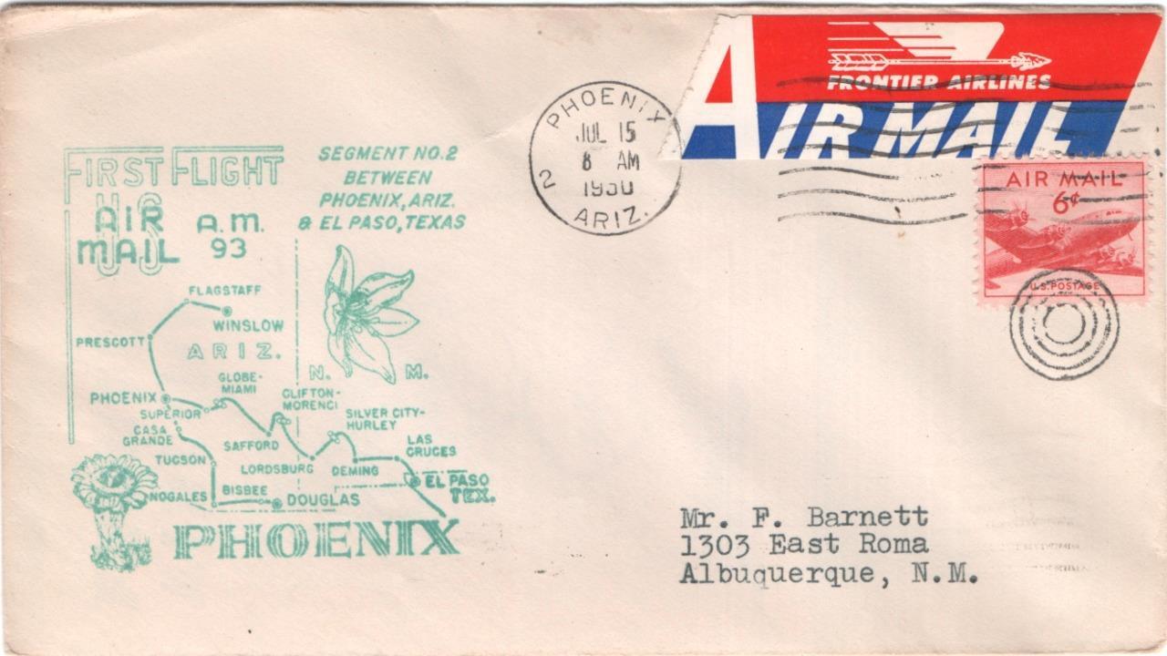 1st flight cover, AM 93E13, Phoenix, AZ to El Paso, TX, Frontier