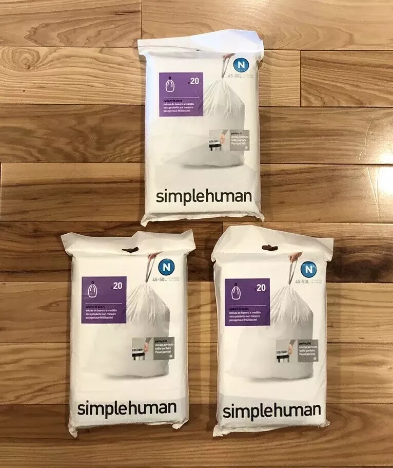 Lot of 3 Code N 20 Ct SIMPLEHUMAN Custom Fit Trash Bags Can Liners