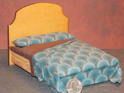 Dollhouse Miniature Bed Double Brown Blue 1:12 inch scale E33 Dollys Gallery