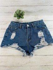 Distress denim jean fringe short shorts flat front 5 pocket Size 28 size 6