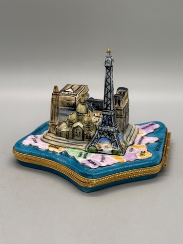 VTG Limoges France Deco Peint Main Porcelain Paris Trinket Box Map Notre Dame - Picture 8 of 18